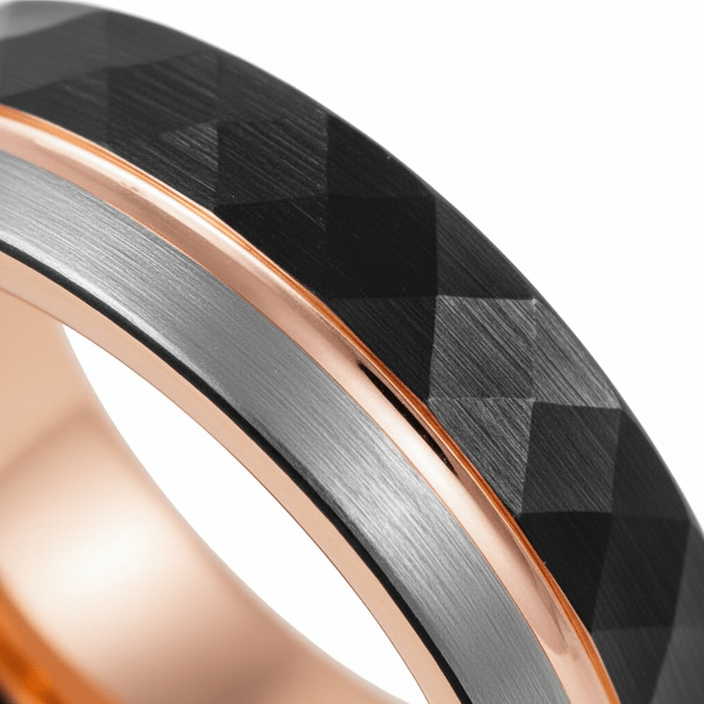 GUSTAVO — Extreme macro detail — men's tungsten wedding ring.