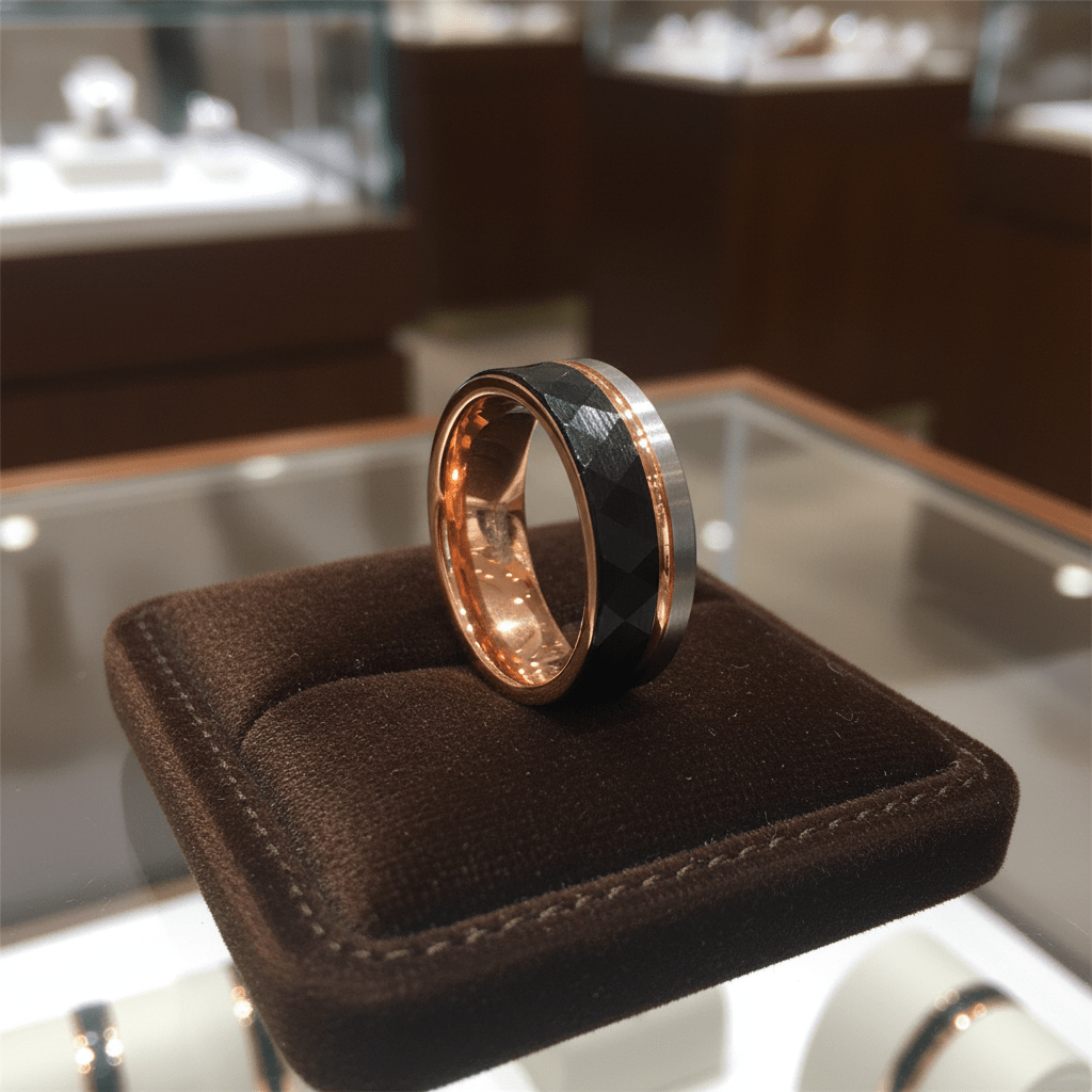 GUSTAVO — Premium boutique display on velvet — men's tungsten wedding ring.