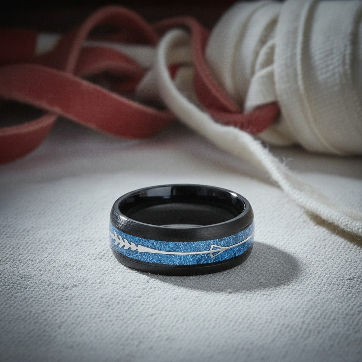 Aydins HALCYON | Black Tungsten Ring, Blue Meteorite Arrow Inlay, 8mm lifestyle scene, boxing gym canvas