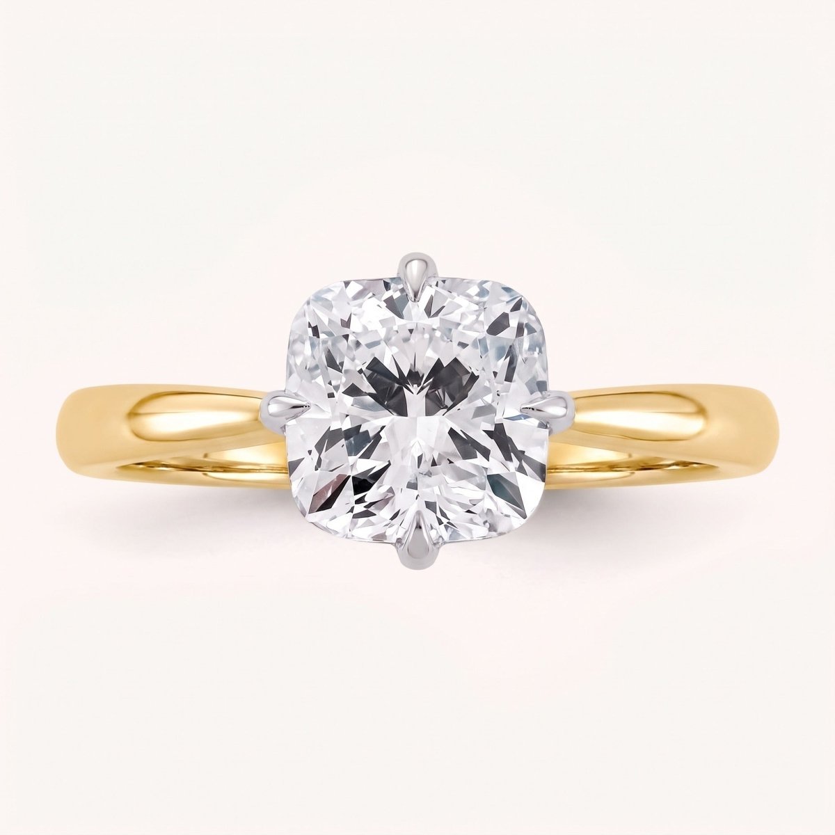 HARRIET cushion lab-grown diamond ring in 10K two-tone gold, front view, approx. 1 ct center