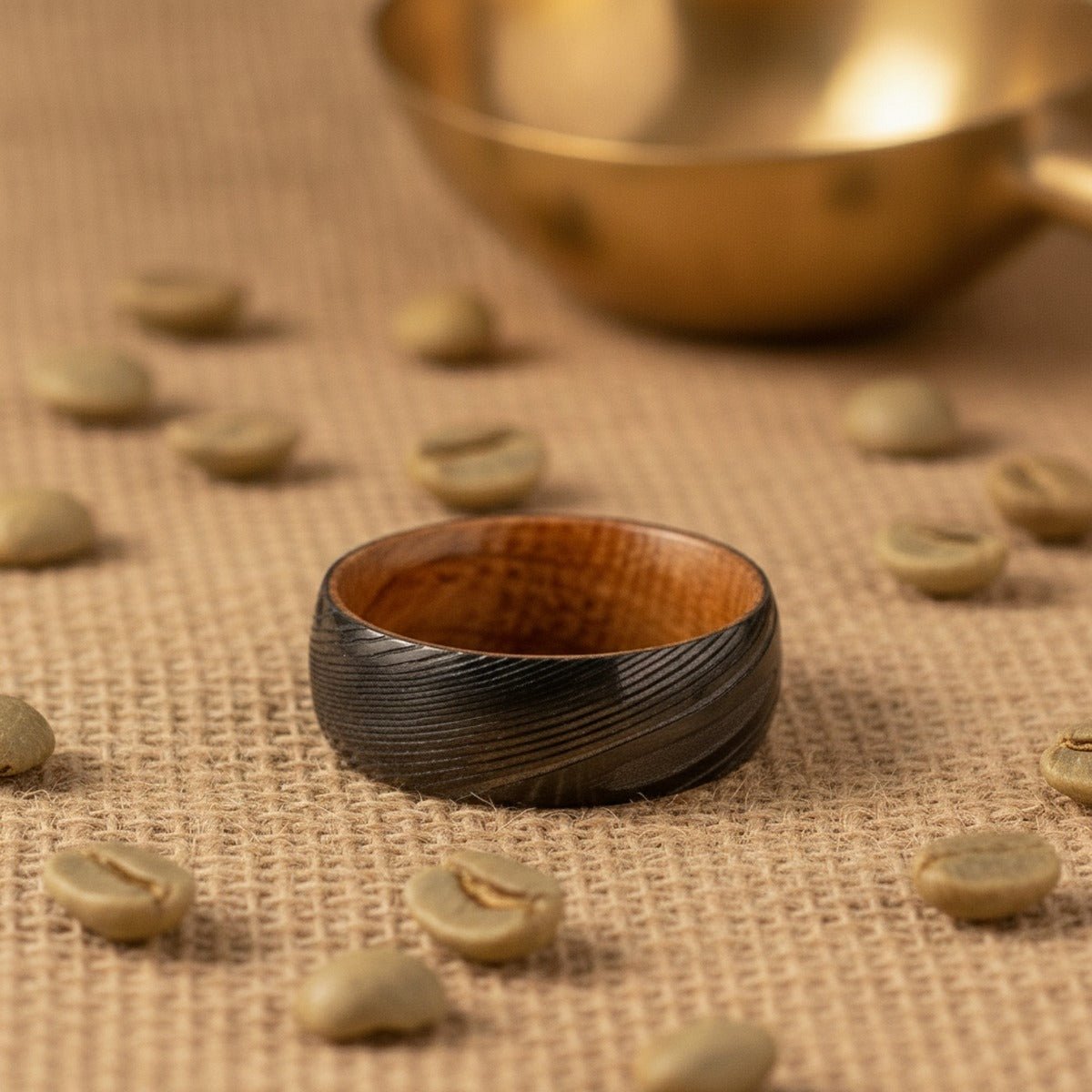 Aydins HARROD | Damascus Steel Whiskey Barrel Wood Inlay Ring lifestyle scene, coffee roaster