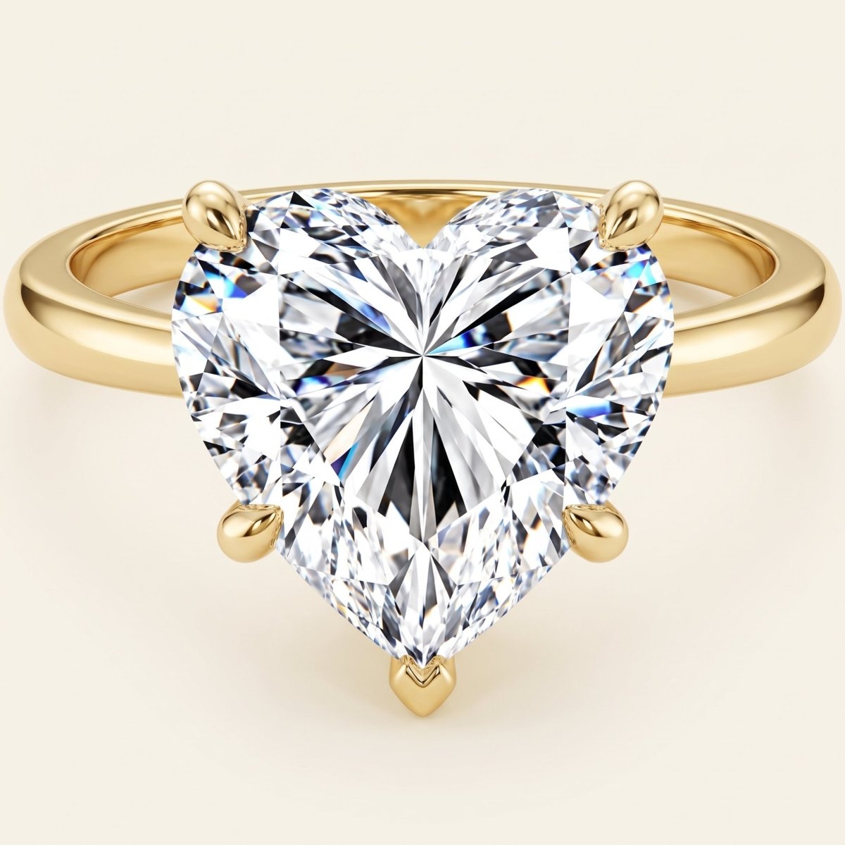 Heart lab-grown diamond solitaire engagement ring, Yellow Gold, face-on detail macro