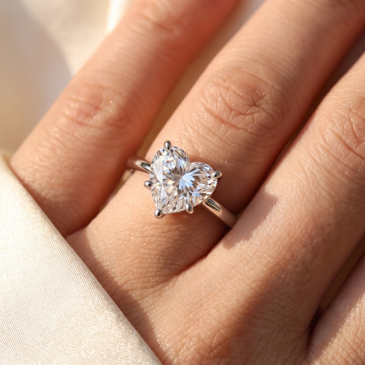 Heart lab-grown diamond solitaire engagement ring, White Gold, on-finger close-up