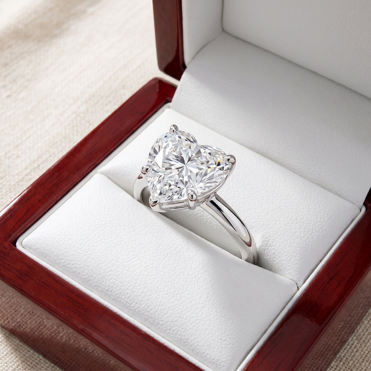 Heart lab-grown diamond solitaire engagement ring, White Gold, in cherry-wood ring box