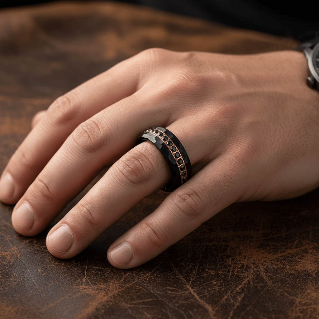 HERAKLES — Lifestyle photo on hand — men's tungsten wedding ring.