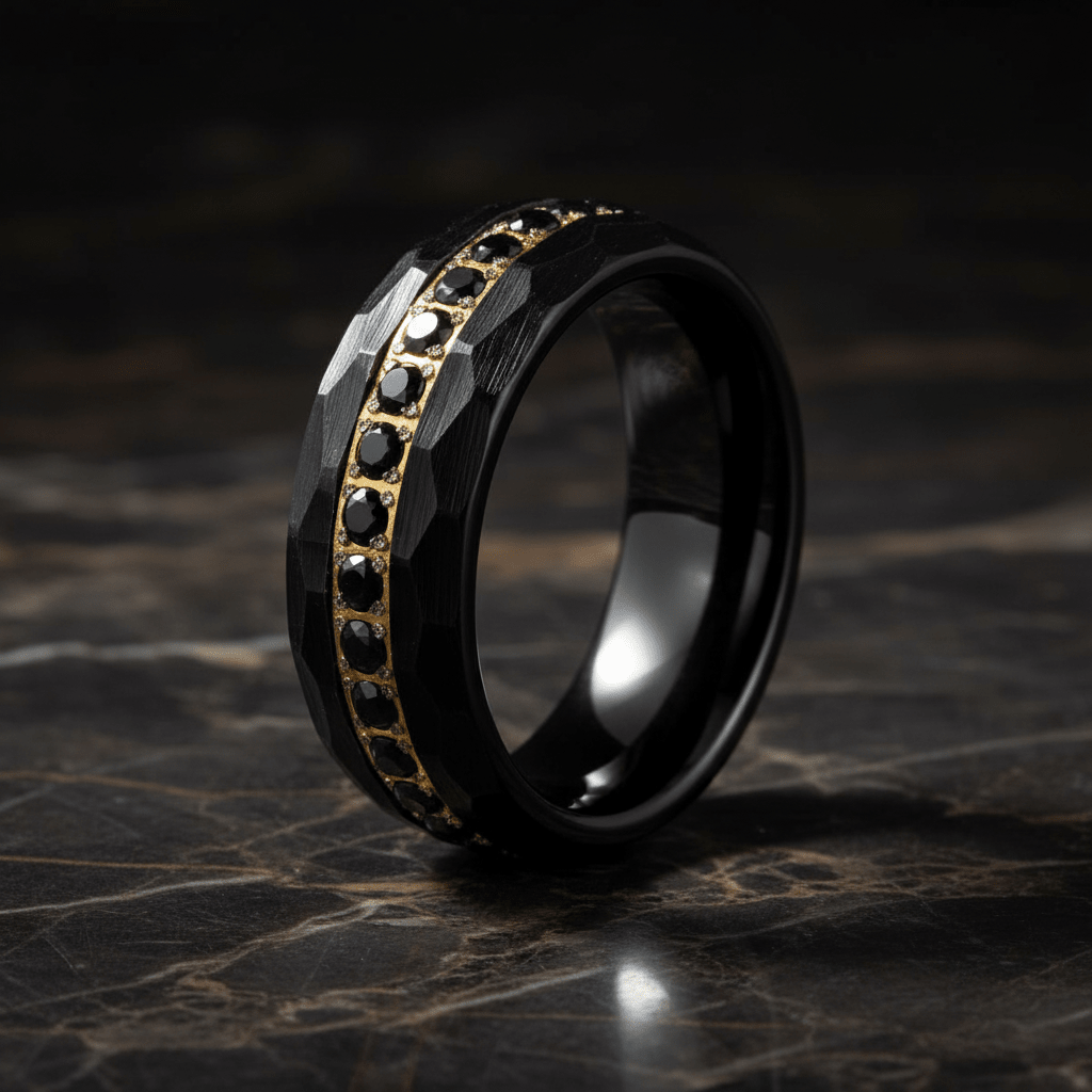 HERAKLES — Luxury 3/4 angle on dark marble — men's tungsten wedding ring.