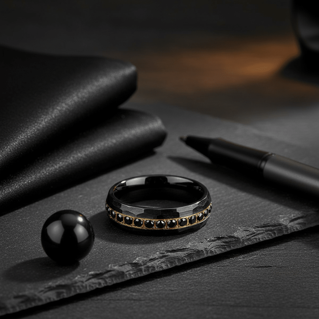 HERAKLES — Editorial masculine still life — men's tungsten wedding ring.