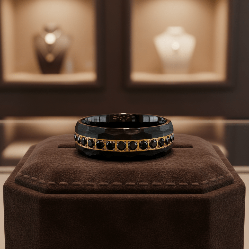HERAKLES — Premium boutique display on velvet — men's tungsten wedding ring.
