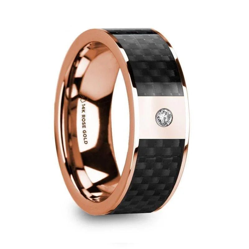Black Carbon Fiber inlay 14k yellow gold wedding band 8mm with diamond, additional view 6