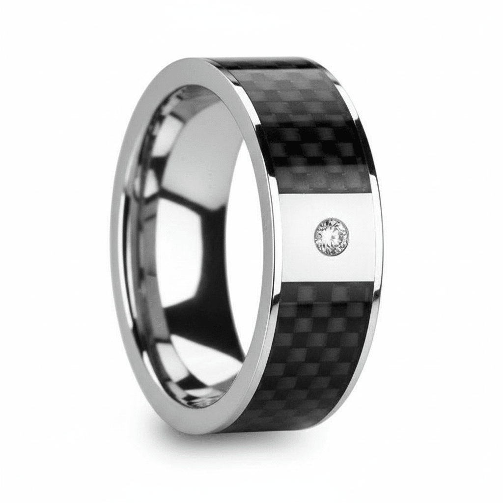 Black Carbon Fiber inlay 14k yellow gold wedding band 8mm with diamond, close-up of inlay