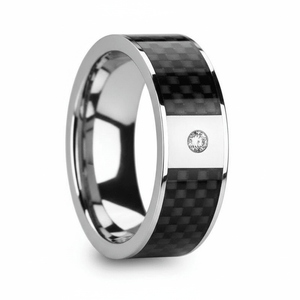 Black Carbon Fiber inlay 14k yellow gold wedding band 8mm with diamond, close-up of inlay