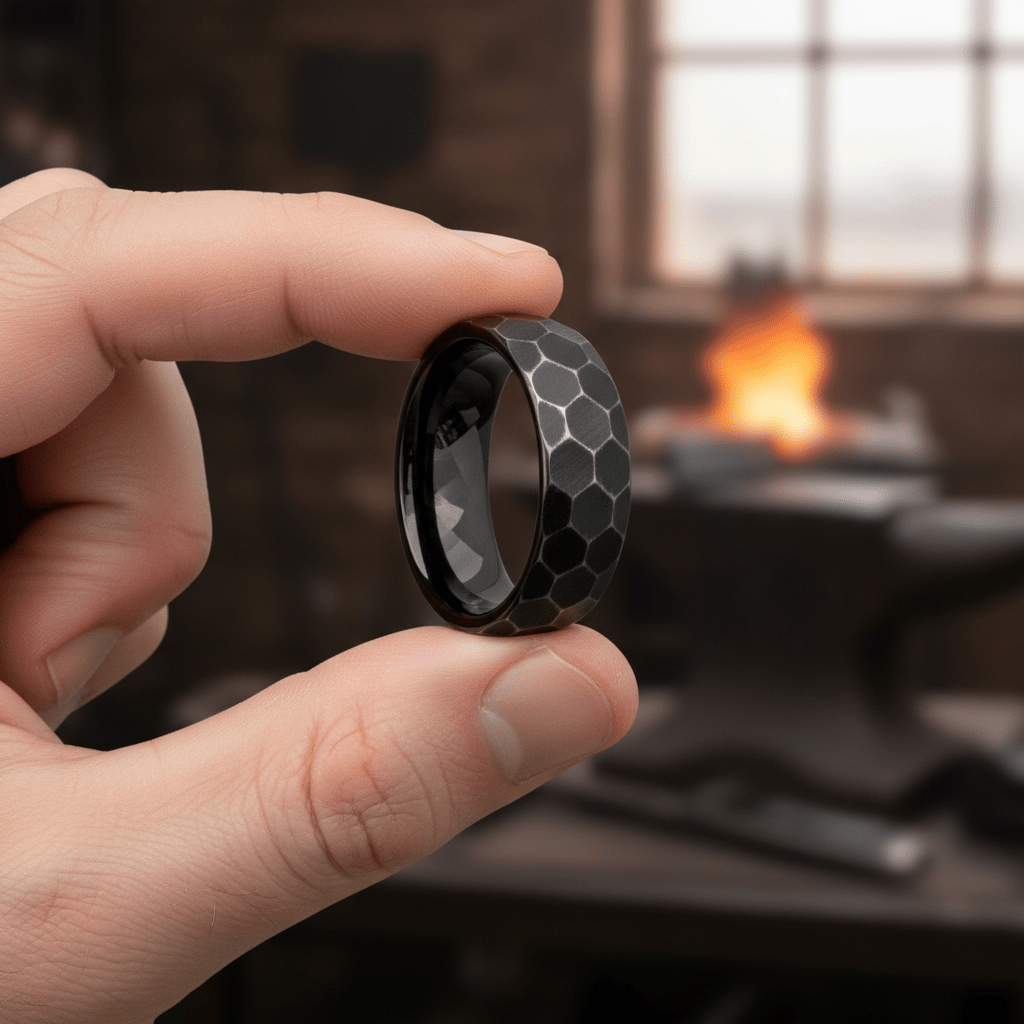 HEXANITE — Held between fingers close-up — men's tungsten wedding ring.