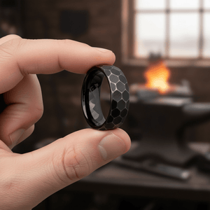 HEXANITE — Held between fingers close-up — men's tungsten wedding ring.