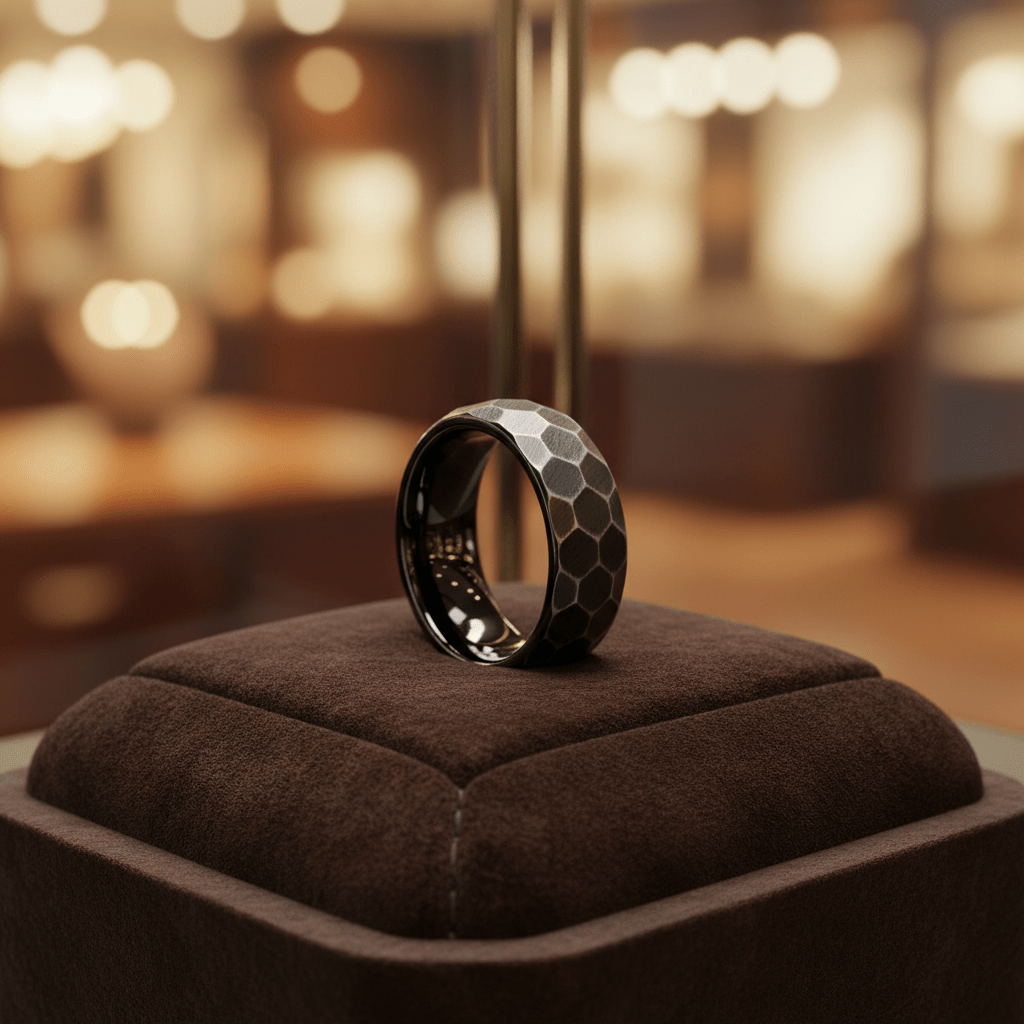 HEXANITE — Premium boutique display on velvet — men's tungsten wedding ring.