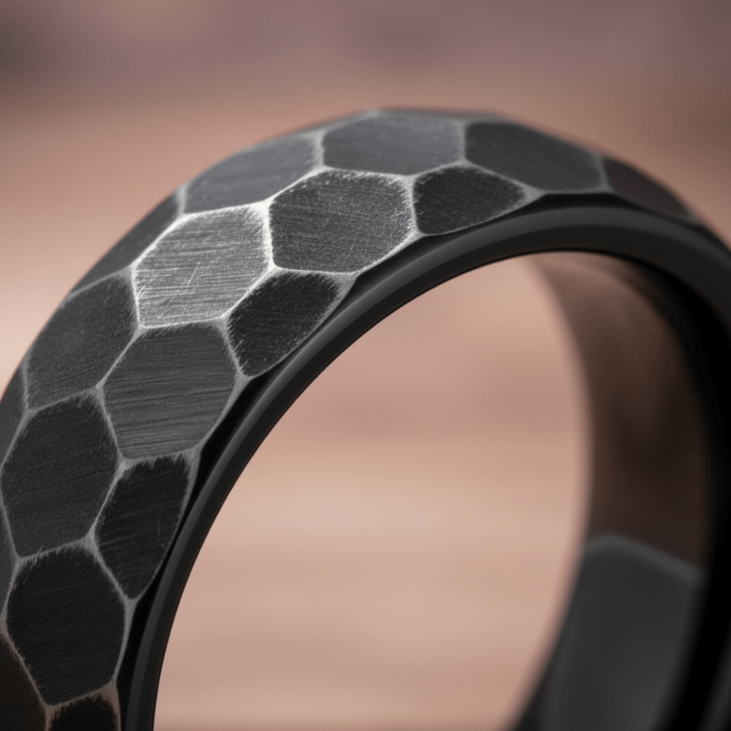 HEXANITE — Extreme macro detail — men's tungsten wedding ring.