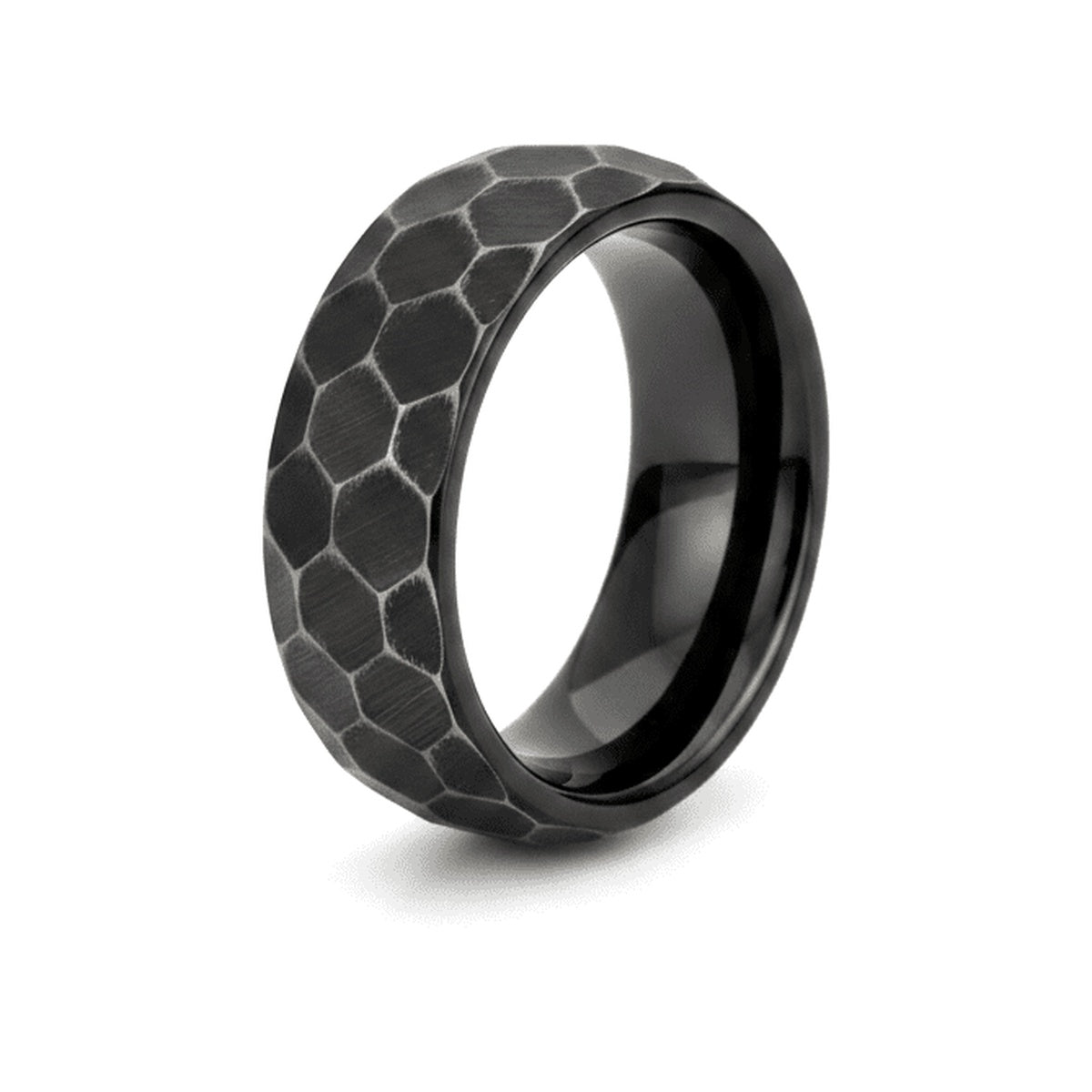 HEXANITE black tungsten wedding ring with antiqued hammered faceted finish - front view