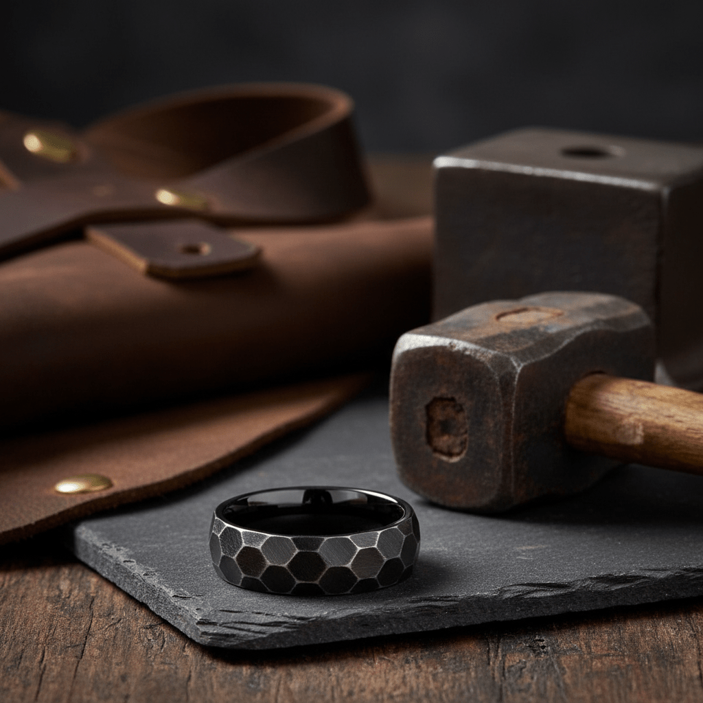 HEXANITE — Editorial masculine still life — men's tungsten wedding ring.