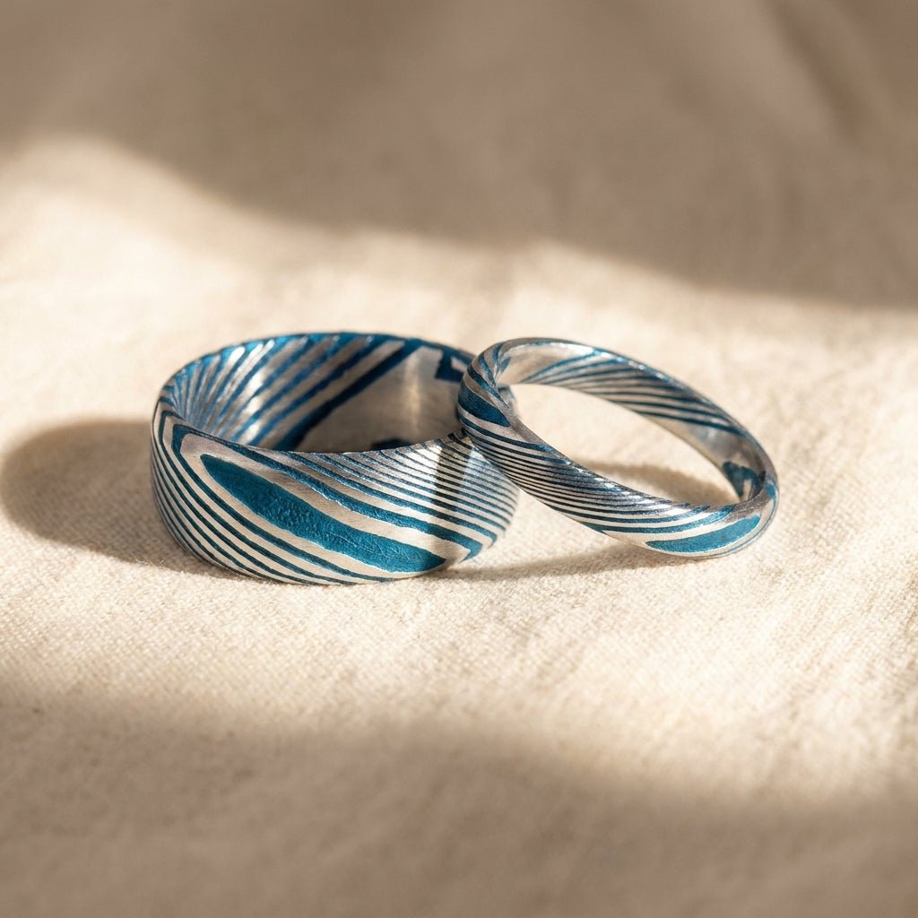 HICKET Blue Damascus Steel Men's Wedding Band with Bevels & Brushed Finish his and hers matching pair