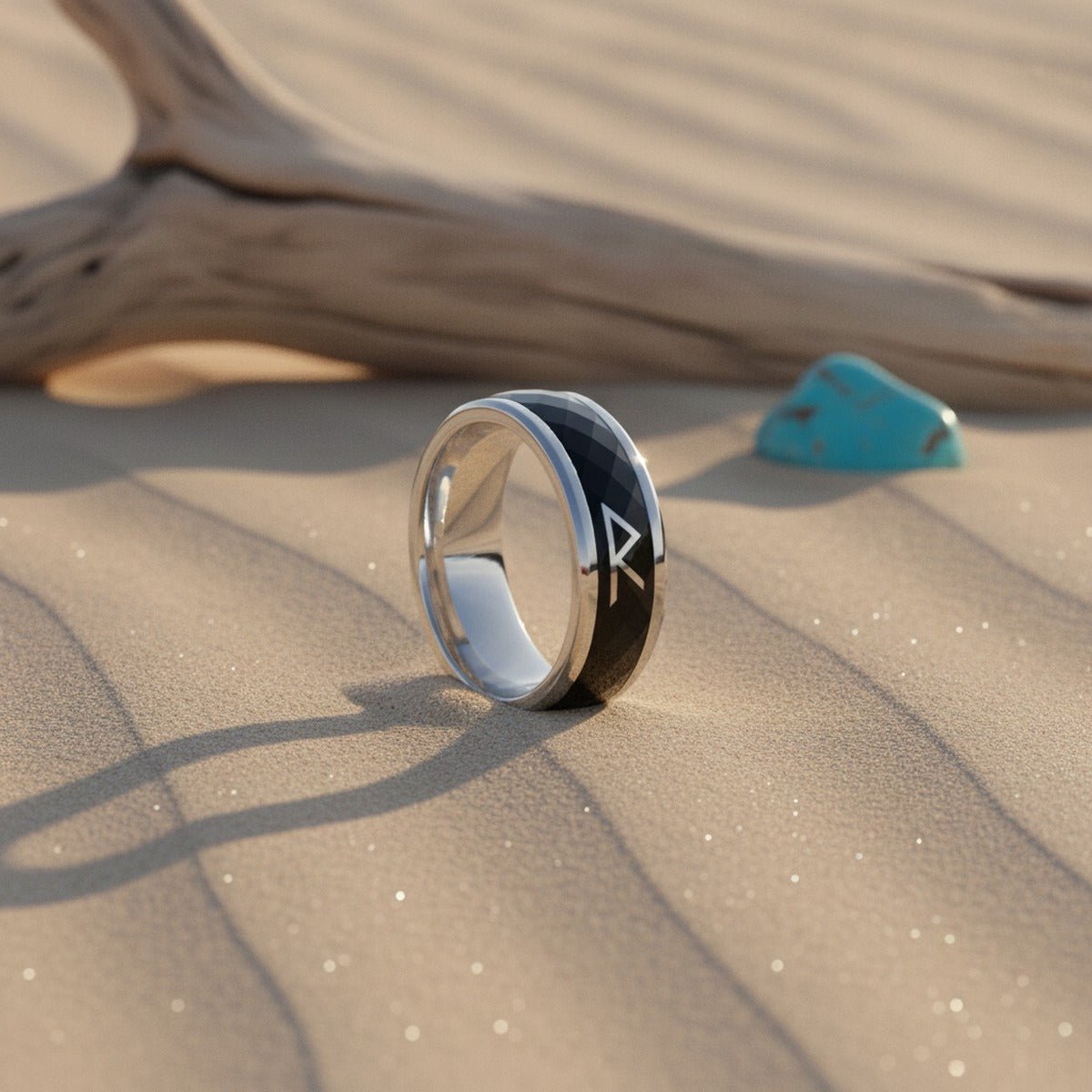 Aydins HICKOK | Silver Tungsten Ring, Black Ceramic Fidget Spinner, Diamond Faceted lifestyle scene, desert dune
