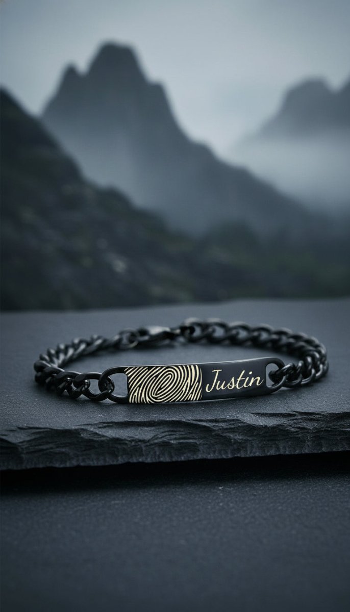 High Polished Stainless Steel Fingerprint Mens Bracelet lifestyle photography