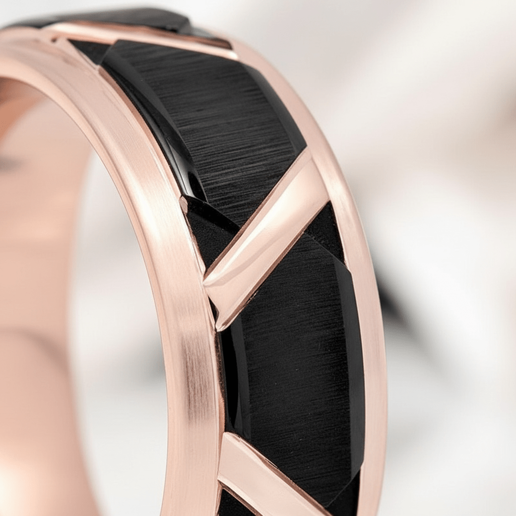 HILVEN — Extreme macro detail — men's tungsten wedding ring.