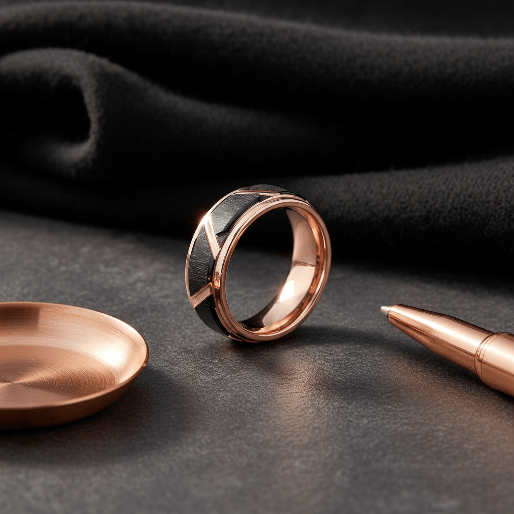 HILVEN — Editorial masculine still life — men's tungsten wedding ring.