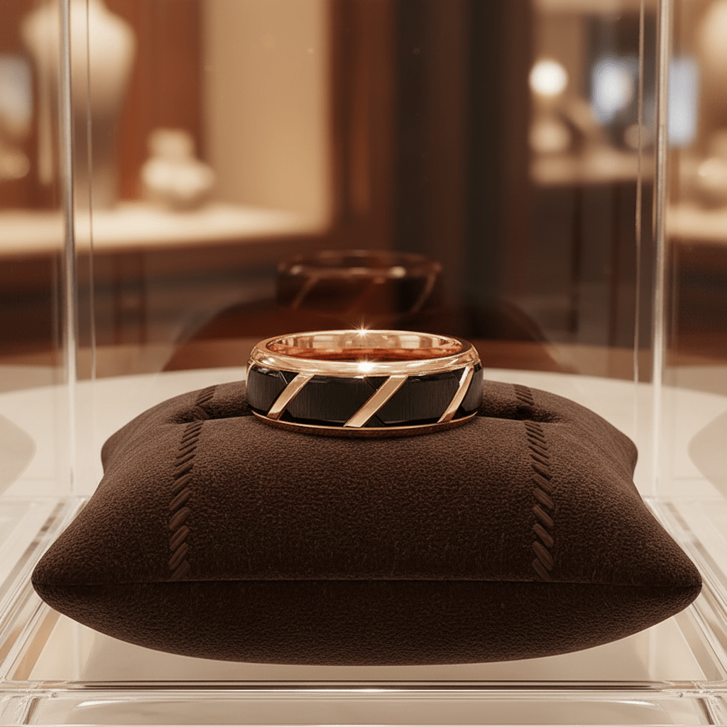 HILVEN — Premium boutique display on velvet — men's tungsten wedding ring.