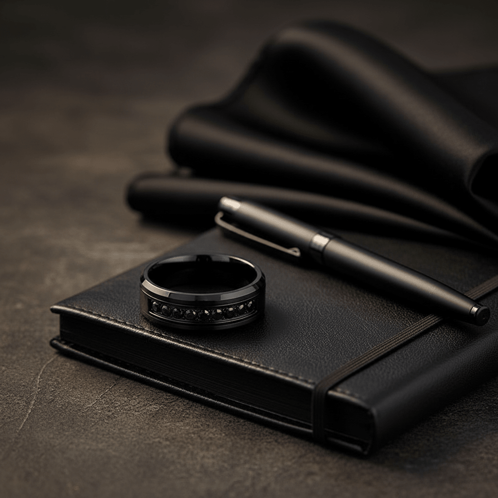 HORIZON — Editorial masculine still life — men's tungsten wedding ring.