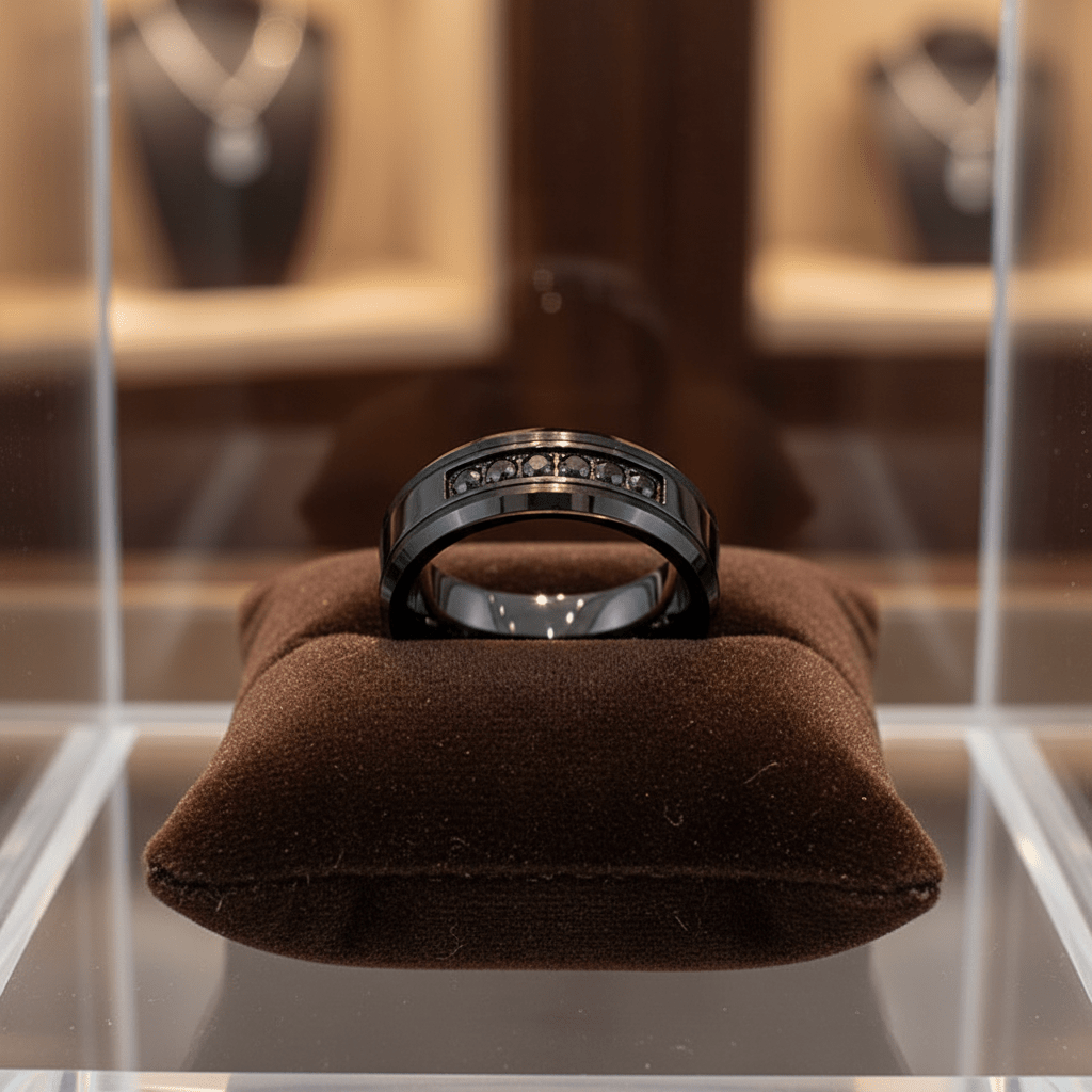 HORIZON — Premium boutique display on velvet — men's tungsten wedding ring.
