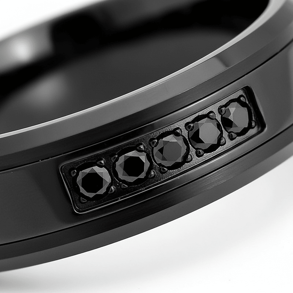 HORIZON — Extreme macro detail — men's tungsten wedding ring.