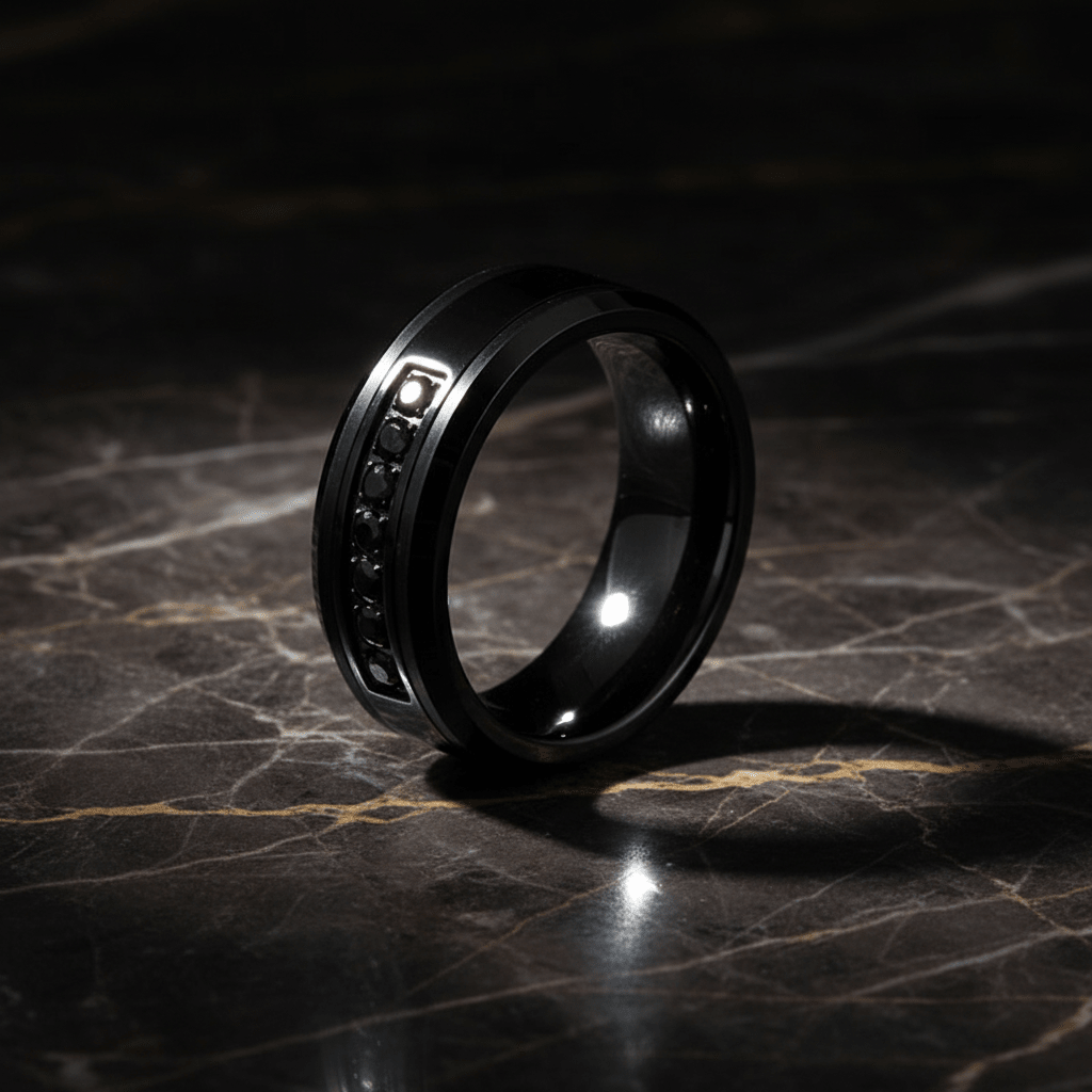 HORIZON — Luxury 3/4 angle on dark marble — men's tungsten wedding ring.