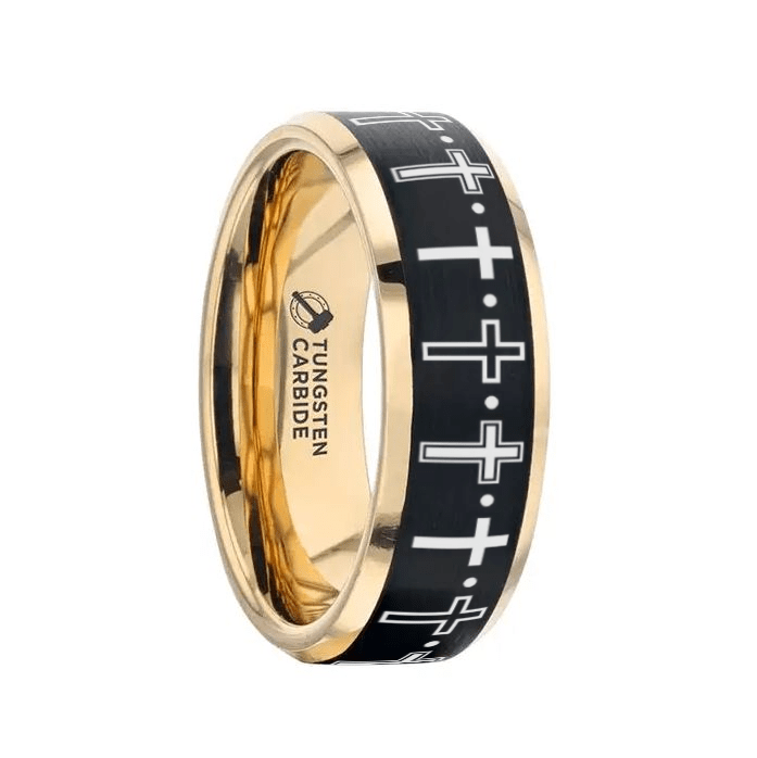 LEGION gold & black tungsten ring with row of crosses laser-engraved across the brushed black center – Aydins Jewelry