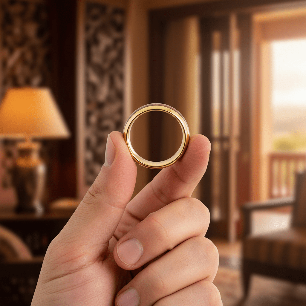 HUBERT — Held between fingers close-up — men's tungsten wedding ring.