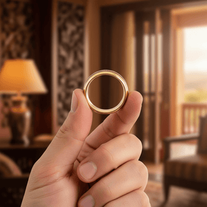 HUBERT — Held between fingers close-up — men's tungsten wedding ring.