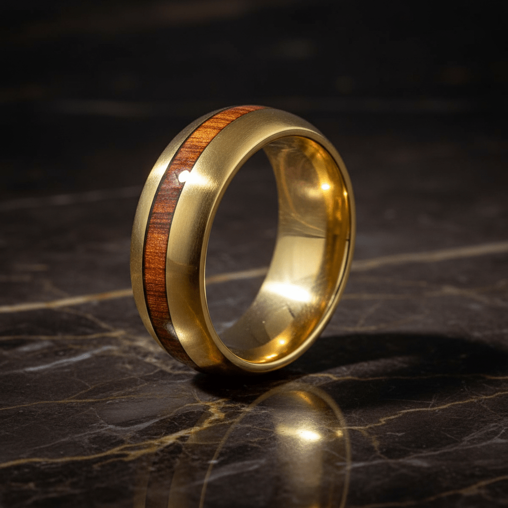 HUBERT — Luxury 3/4 angle on dark marble — men's tungsten wedding ring.