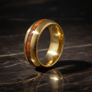 HUBERT — Luxury 3/4 angle on dark marble — men's tungsten wedding ring.
