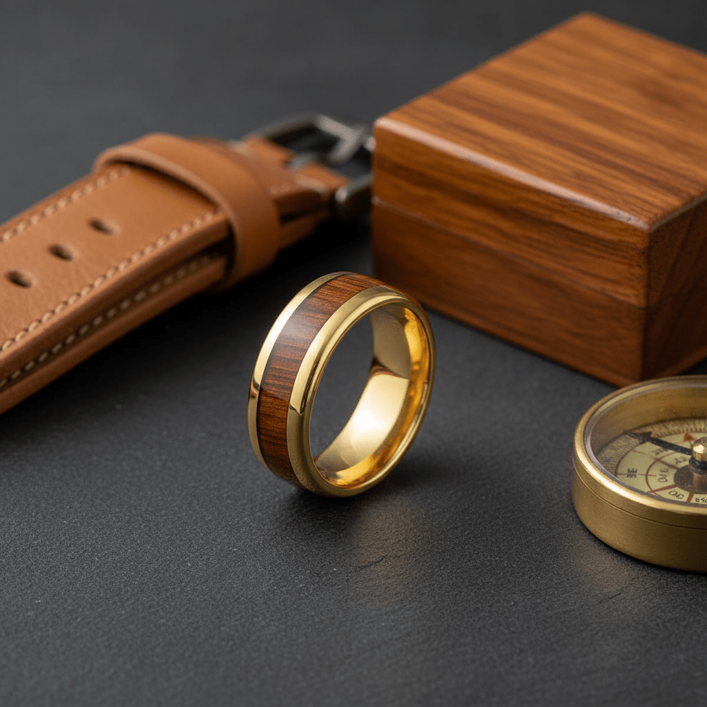HUBERT — Editorial masculine still life — men's tungsten wedding ring.