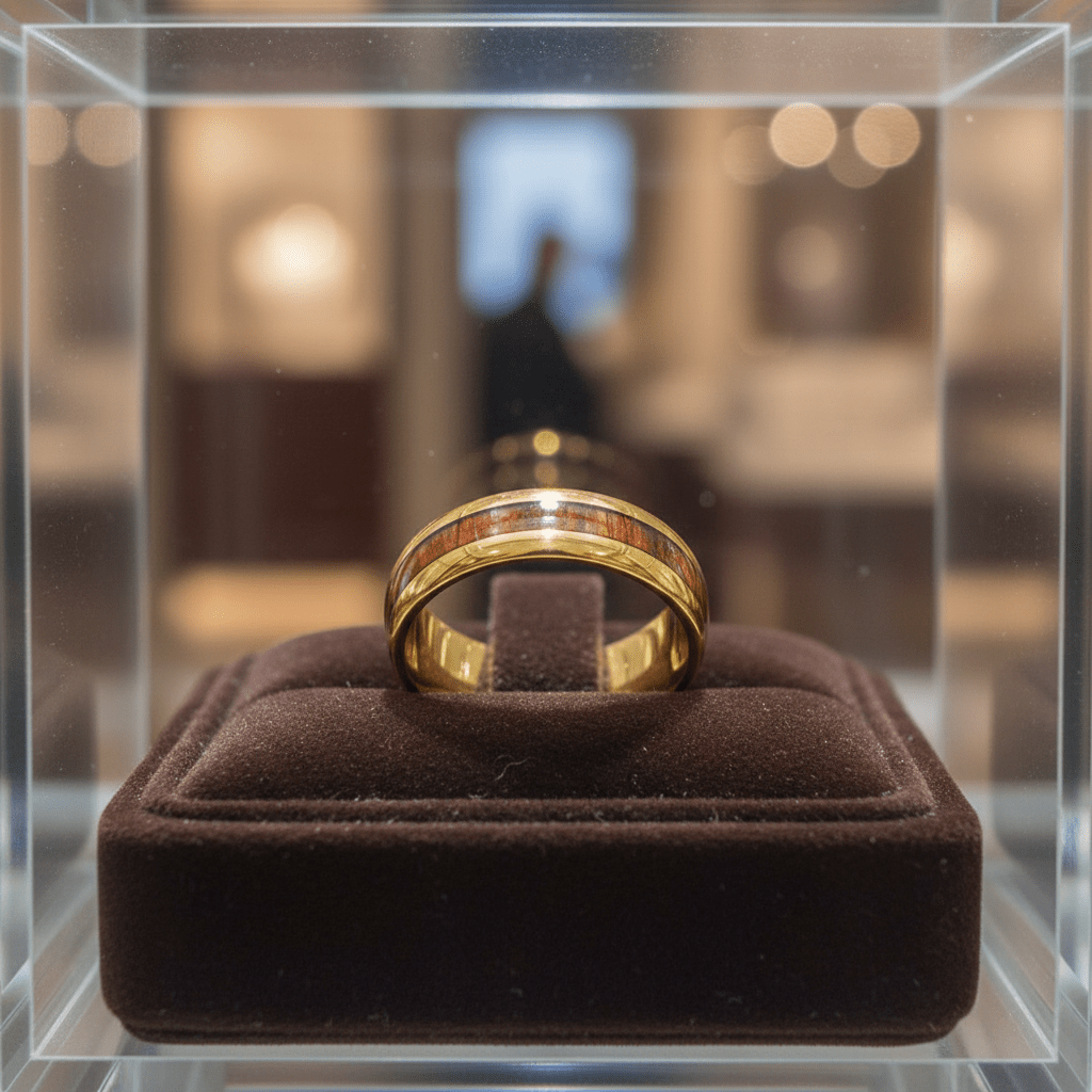 HUBERT — Premium boutique display on velvet — men's tungsten wedding ring.