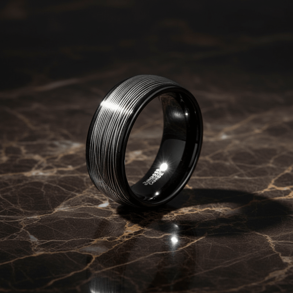 HURRICANE — Luxury 3/4 angle on dark marble — men's tungsten wedding ring.