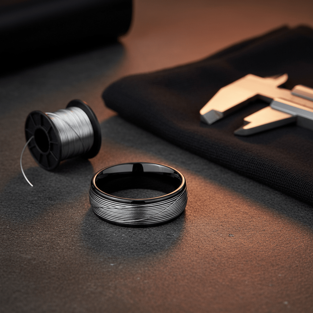 HURRICANE — Editorial masculine still life — men's tungsten wedding ring.