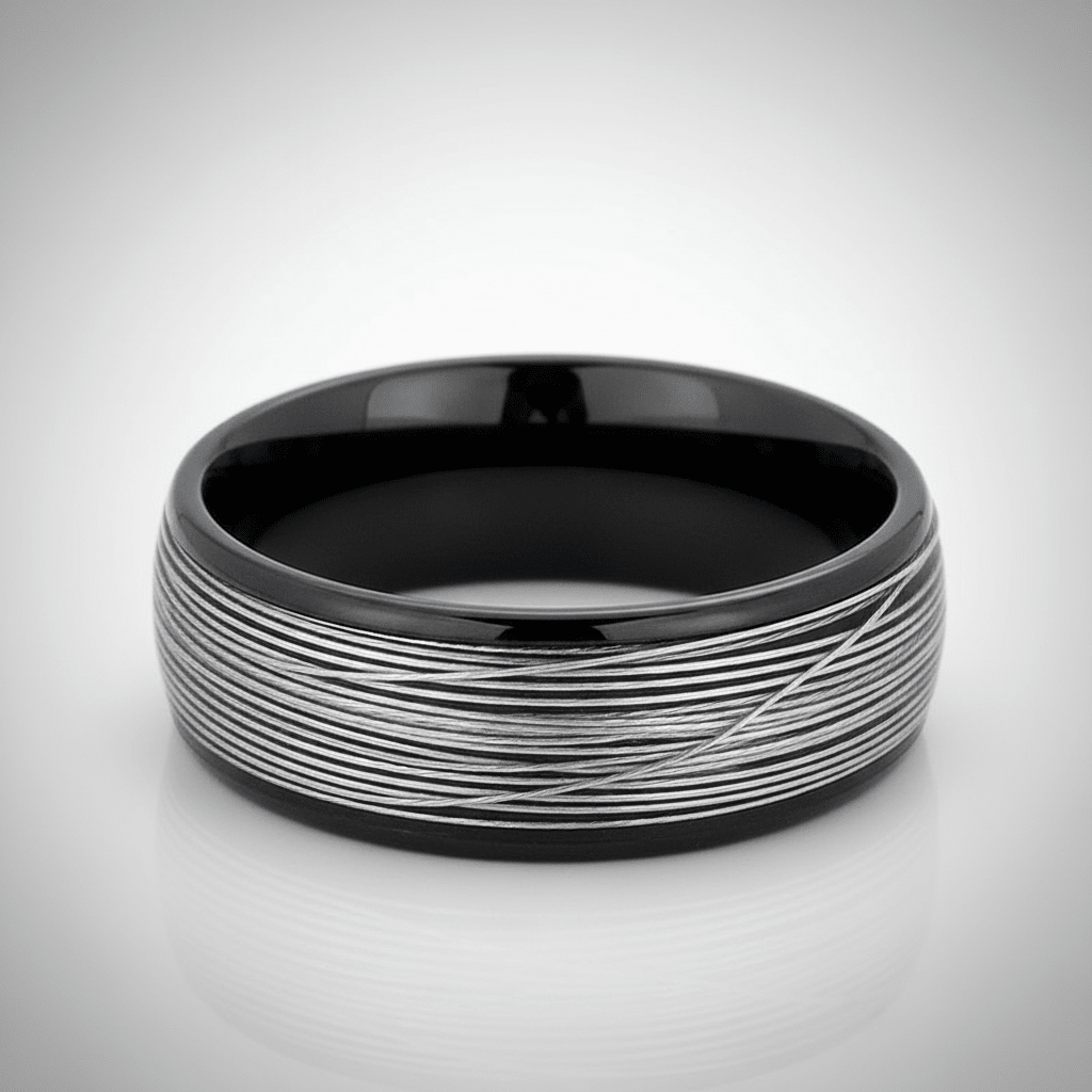 HURRICANE — Center-through axial view — men's tungsten wedding ring.