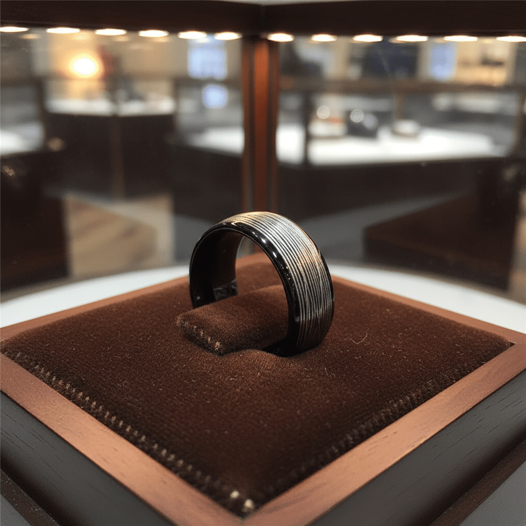 HURRICANE — Premium boutique display on velvet — men's tungsten wedding ring.