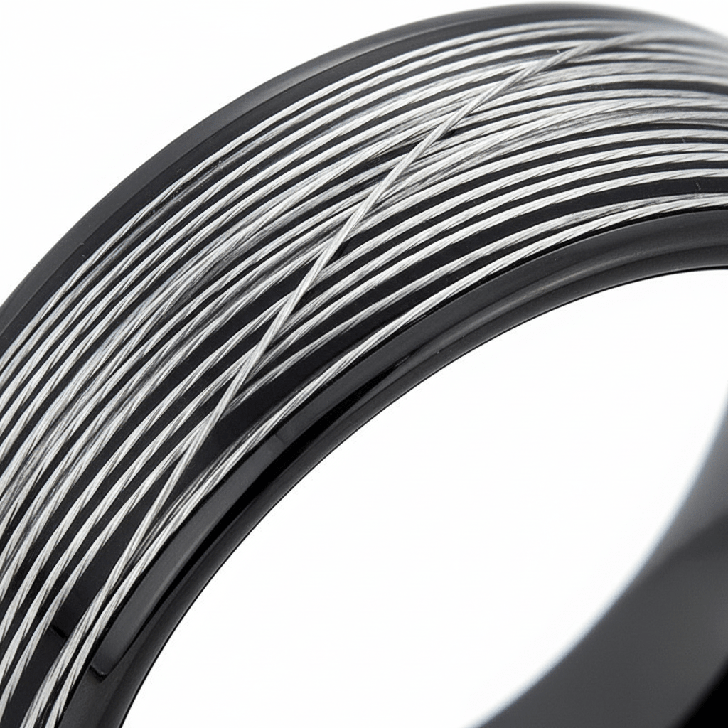 HURRICANE — Extreme macro detail — men's tungsten wedding ring.