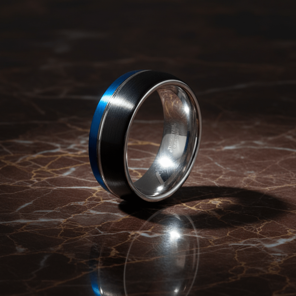 HYBRID — Luxury 3/4 angle on dark marble — men's tungsten wedding ring.