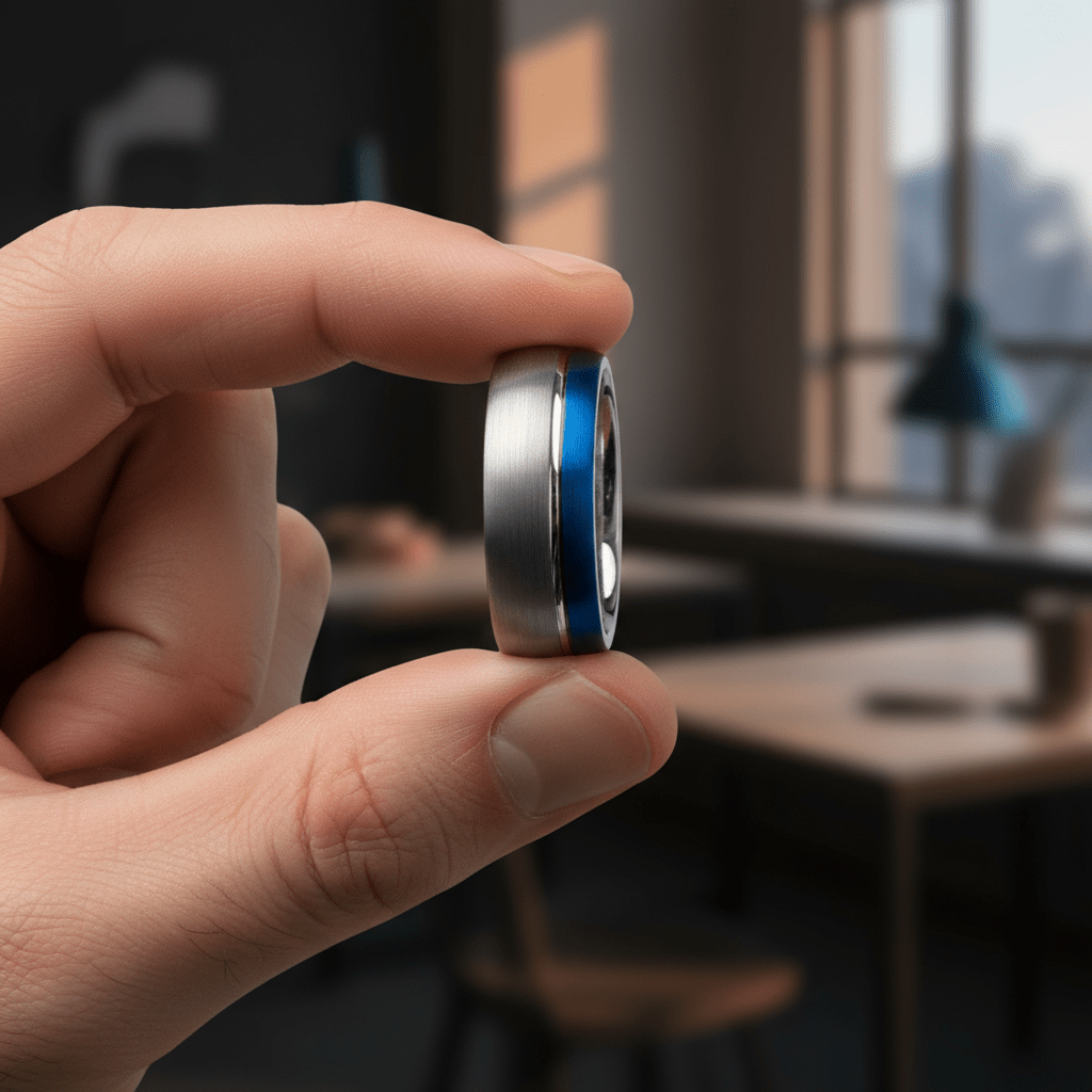 HYBRID — Held between fingers close-up — men's tungsten wedding ring.