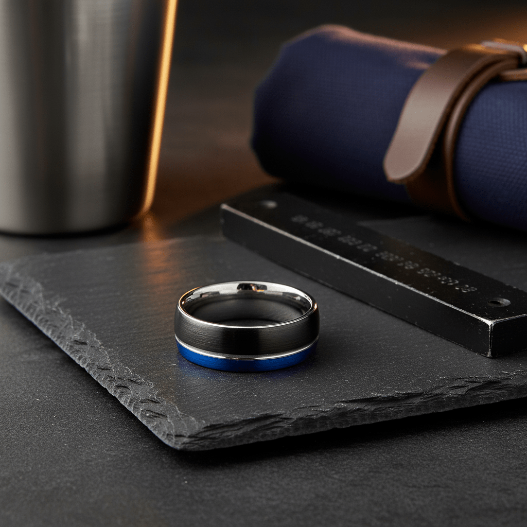 HYBRID — Editorial masculine still life — men's tungsten wedding ring.
