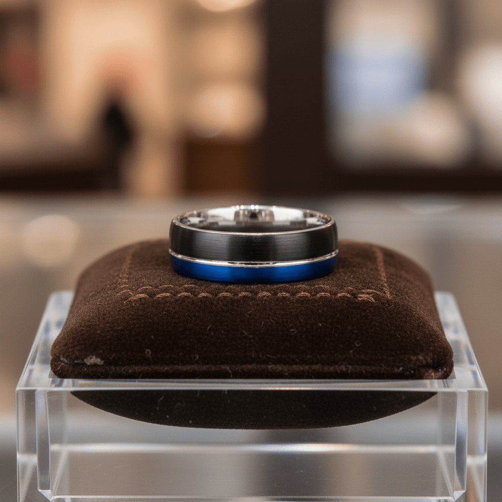 HYBRID — Premium boutique display on velvet — men's tungsten wedding ring.