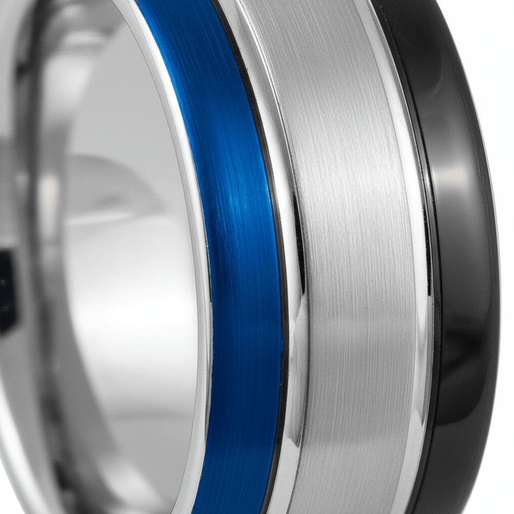 HYBRID — Extreme macro detail — men's tungsten wedding ring.