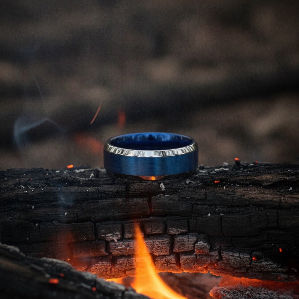 Aydins HYDRO | Blue Tungsten Silver Beveled Wedding Ring 8mm lifestyle scene, bonfire embers