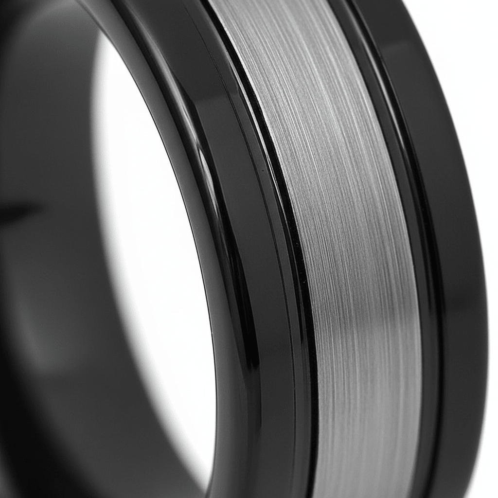 HYMEN — close-up detail — men's tungsten carbide wedding ring | Aydins Jewelry